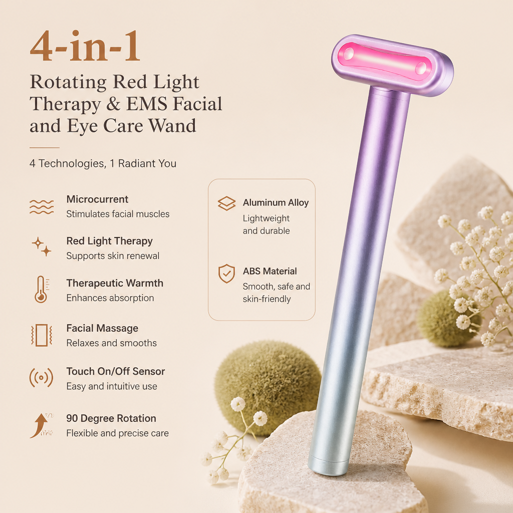 4-in-1 Rotating Red Light Therapy & EMS Facial and Eye Care Wand with Warming Function