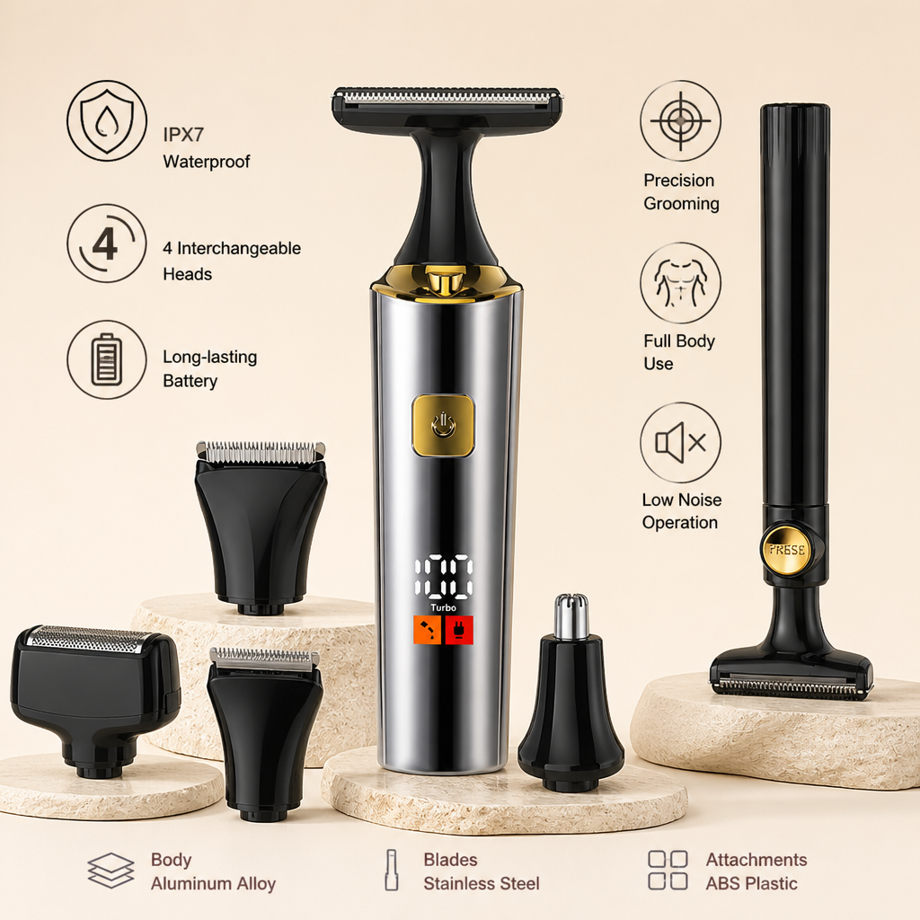4-in-1 Waterproof Electric Body Groomer & Back Shaver for Men with Long Handle