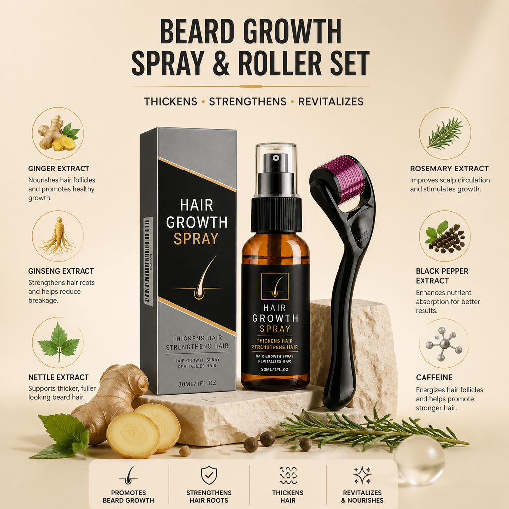 Beard Growth Spray & Roller Set – Strengthens, Thickens, Revitalizes Hair