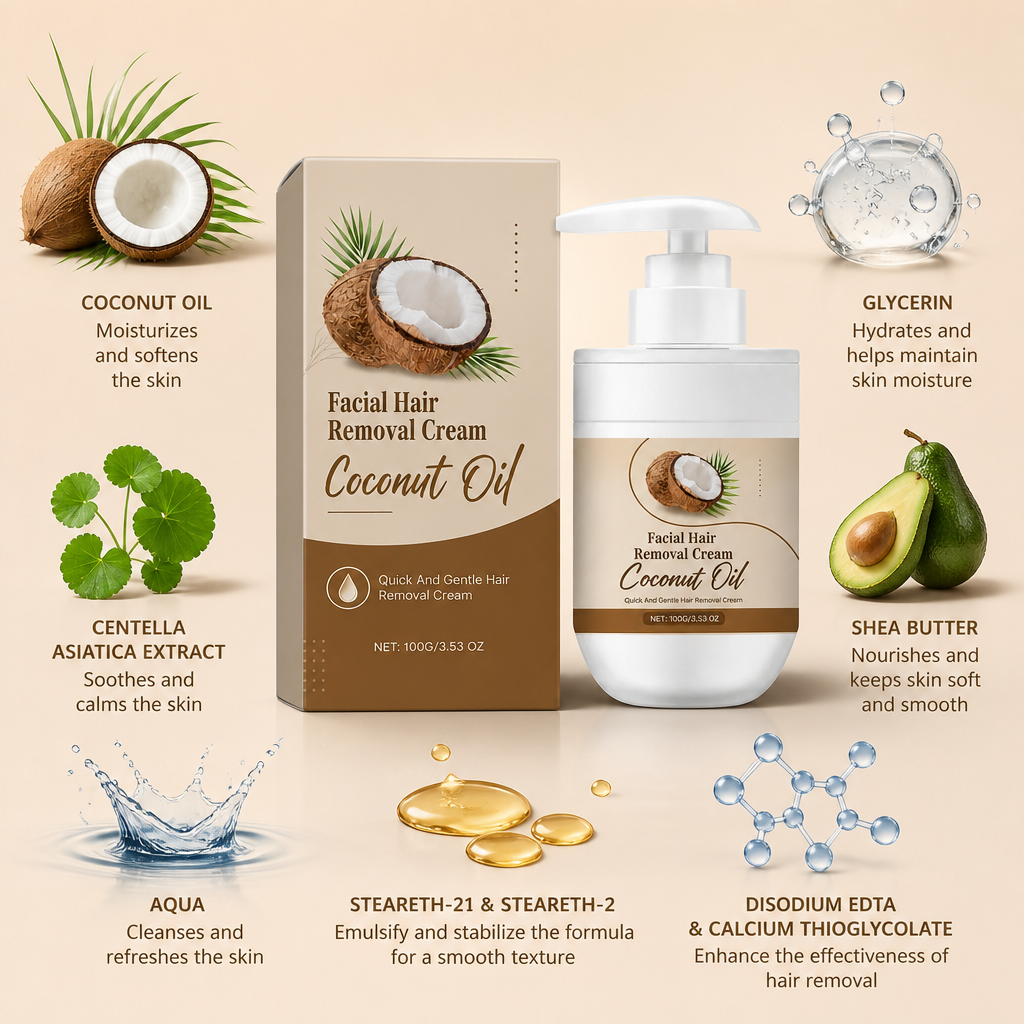 Coconut Oil Facial Hair Removal Cream for Smooth Soft Skin Care