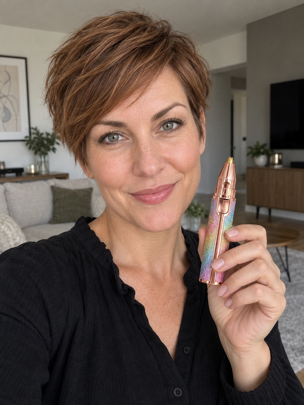 Woman holding facial trimmer