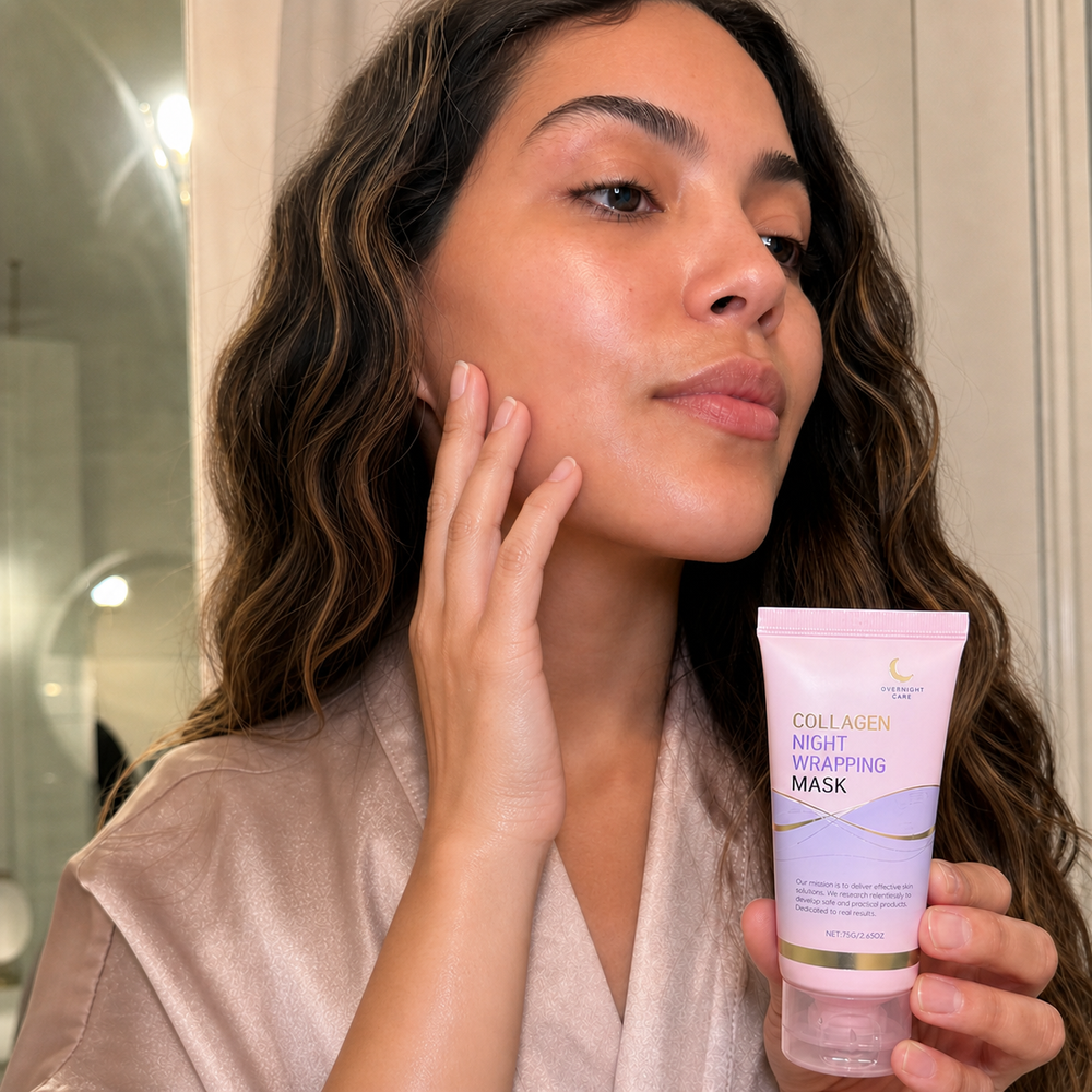 Customer waking up with firmer-feeling, bouncy skin after using the Beauty Kiwi Korean Collagen Night Wrapping Mask overnight