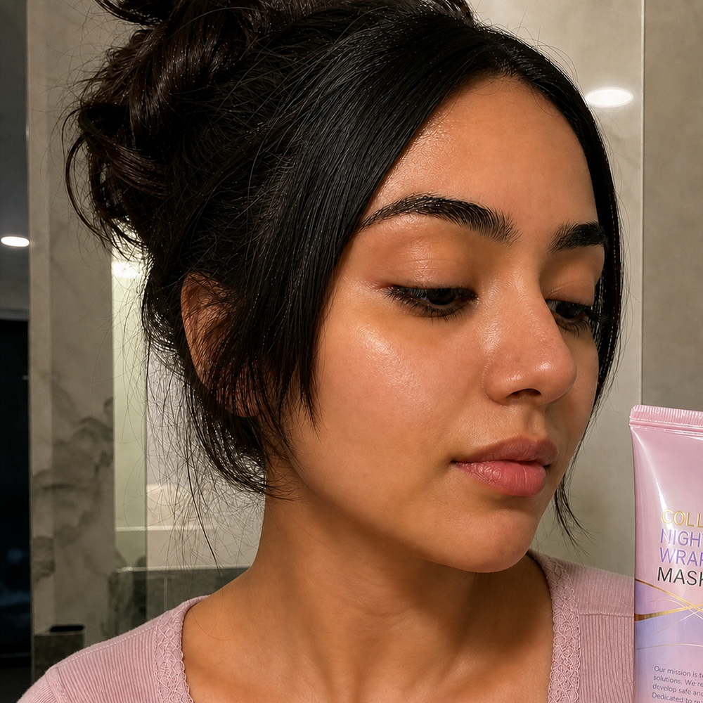 Customer waking up with a plump, dewy complexion after using the Beauty Kiwi Korean Collagen Night Wrapping Mask overnight