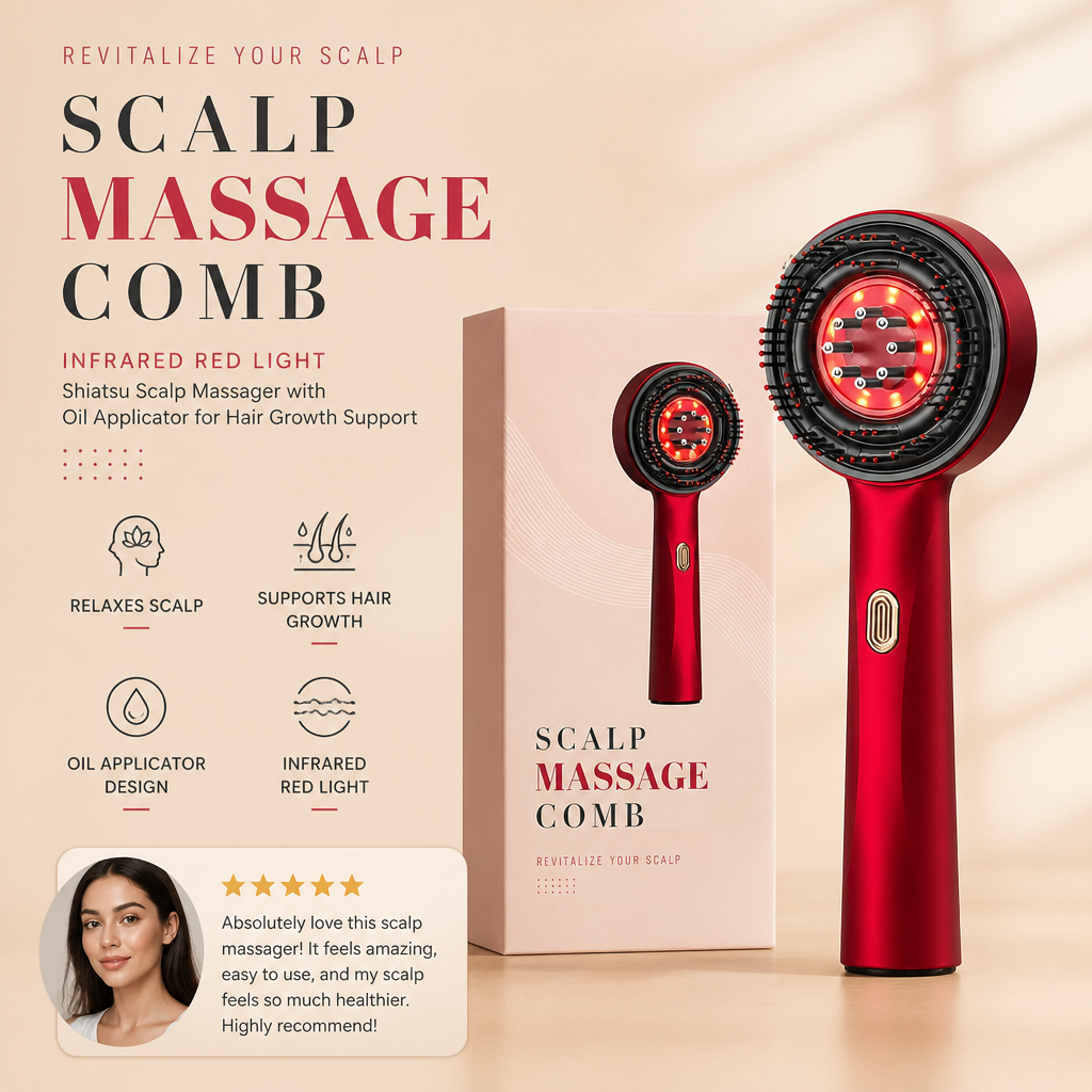 Infrared Red Light Shiatsu Scalp Massager with Oil Applicator for Hair Growth Support