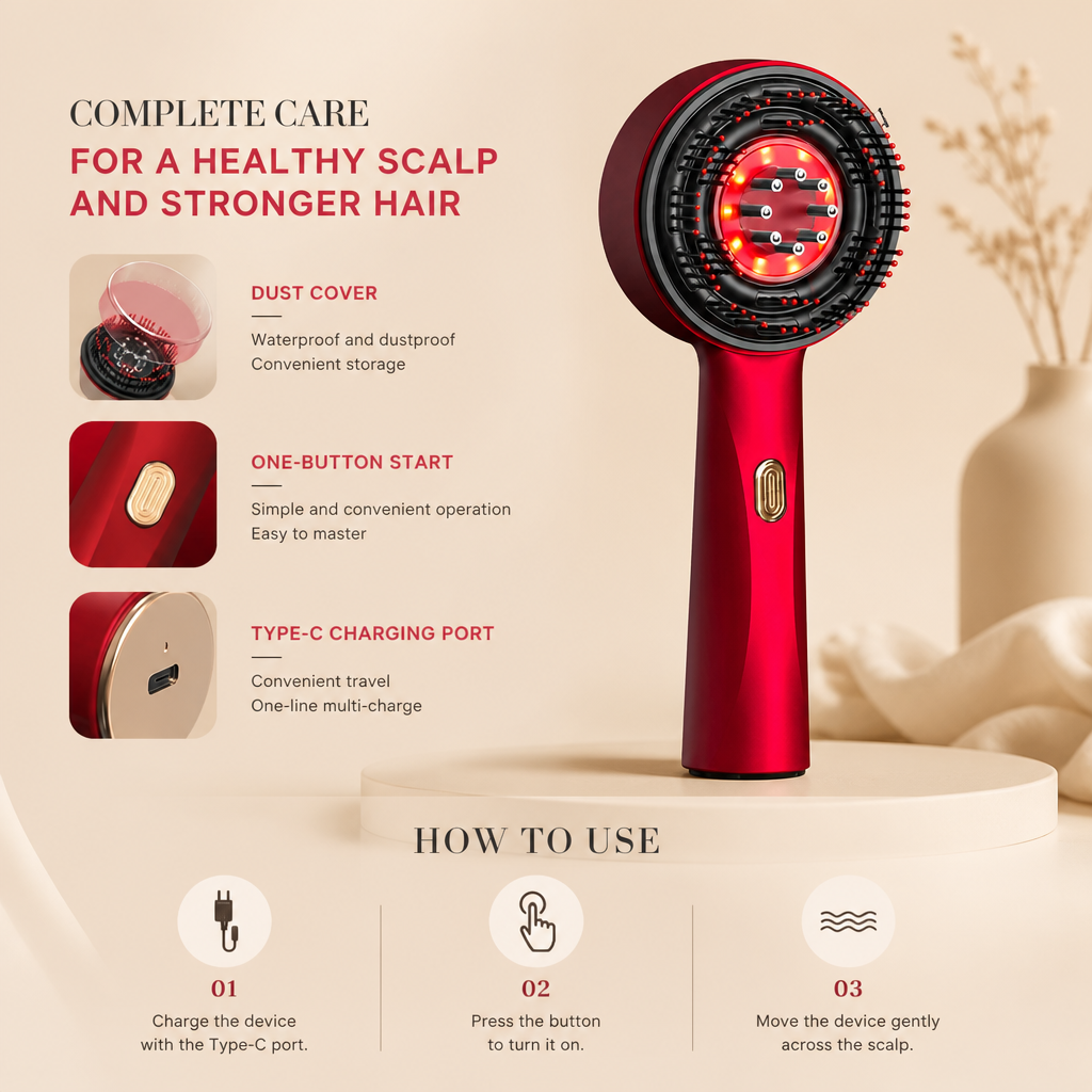 Infrared Red Light Shiatsu Scalp Massager with Oil Applicator for Hair Growth Support
