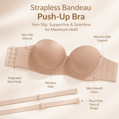 Strapless Bandeau Push-Up Bra – Non-Slip, Supportive & Seamless for Maximum Hold