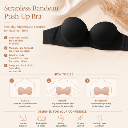 Strapless Bandeau Push-Up Bra – Non-Slip, Supportive & Seamless for Maximum Hold