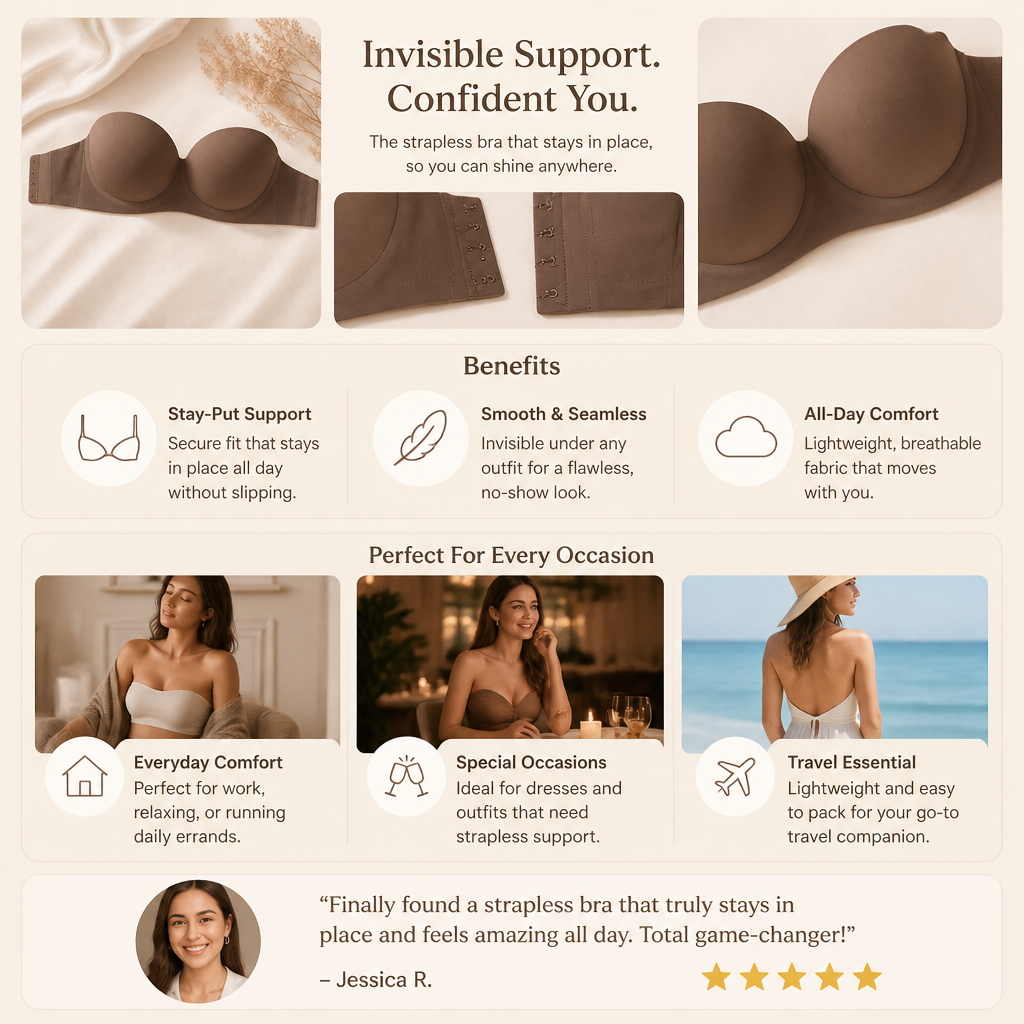 Strapless Bandeau Push-Up Bra – Non-Slip, Supportive & Seamless for Maximum Hold