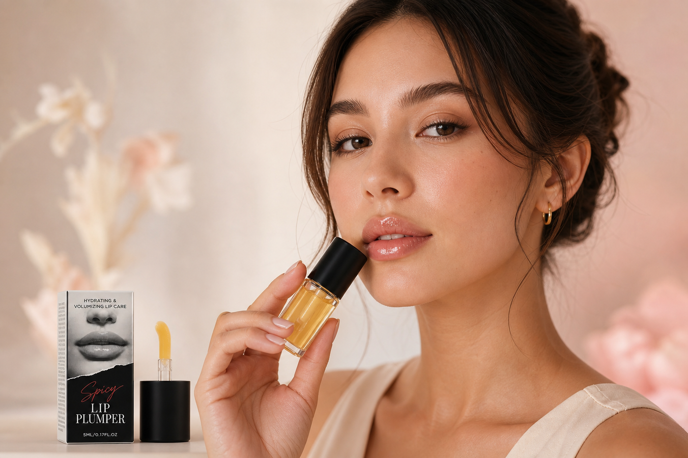 Model applying Korean Spicy Lip Plumper Gloss