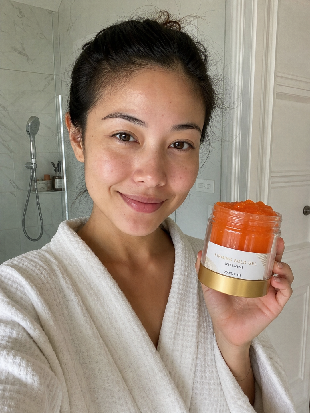 Beauty Kiwi customer applying Cryo Thermo Firming Gold Gel as part of a daily body-care ritual