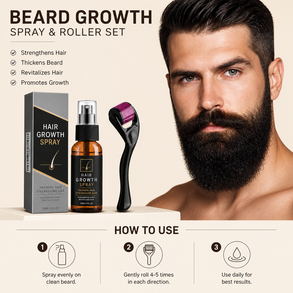Beard Growth Spray & Roller Set – Strengthens, Thickens, Revitalizes Hair