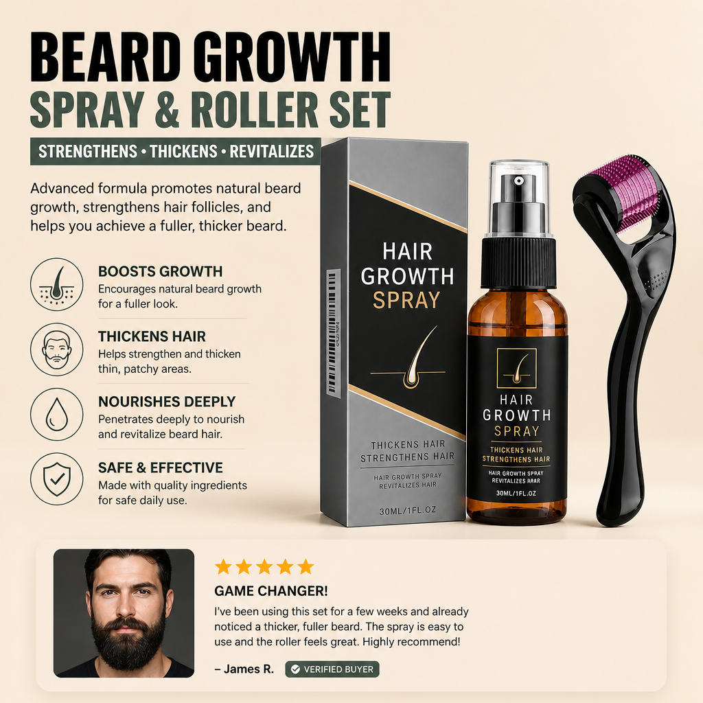 Beard Growth Spray & Roller Set – Strengthens, Thickens, Revitalizes Hair
