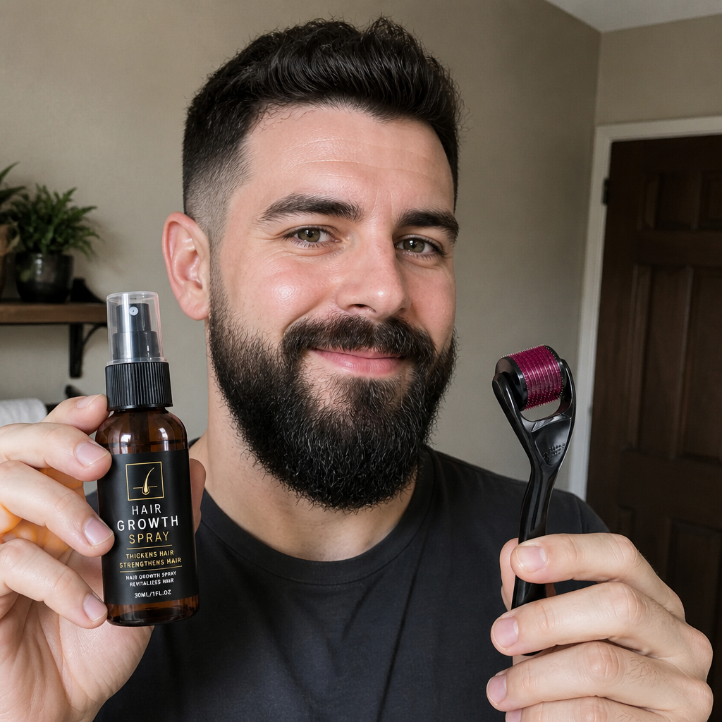 Beard Growth Spray & Roller Set – Strengthens, Thickens, Revitalizes Hair