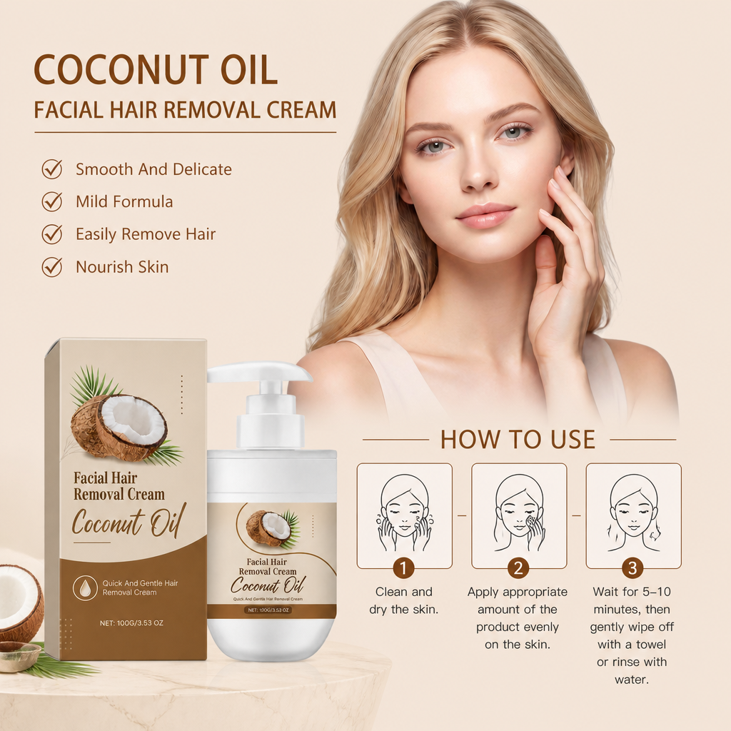 Coconut Oil Facial Hair Removal Cream for Smooth Soft Skin Care