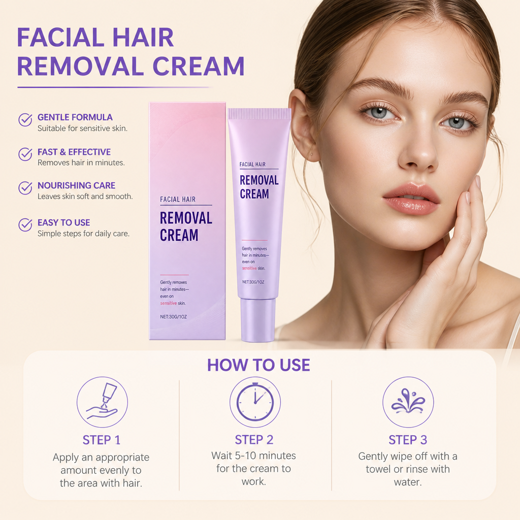 Gentle Facial Hair Removal Cream with Nourishing Skin Care Formula