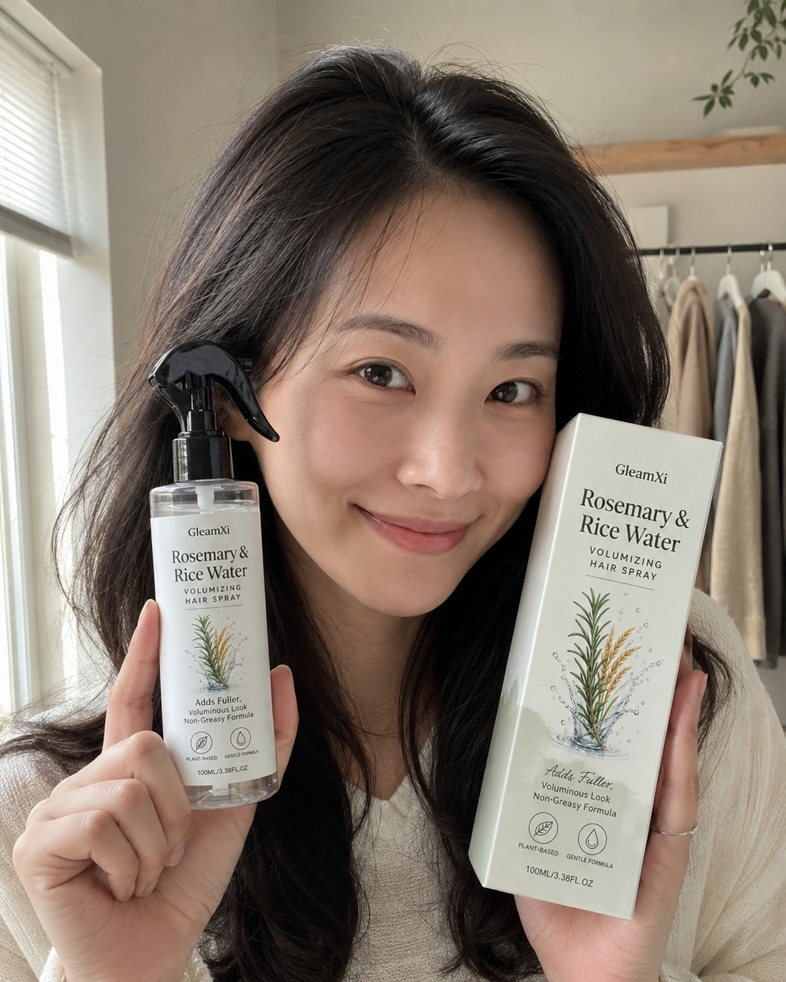GleamXi customer using Rosemary & Rice Water Hair Spray