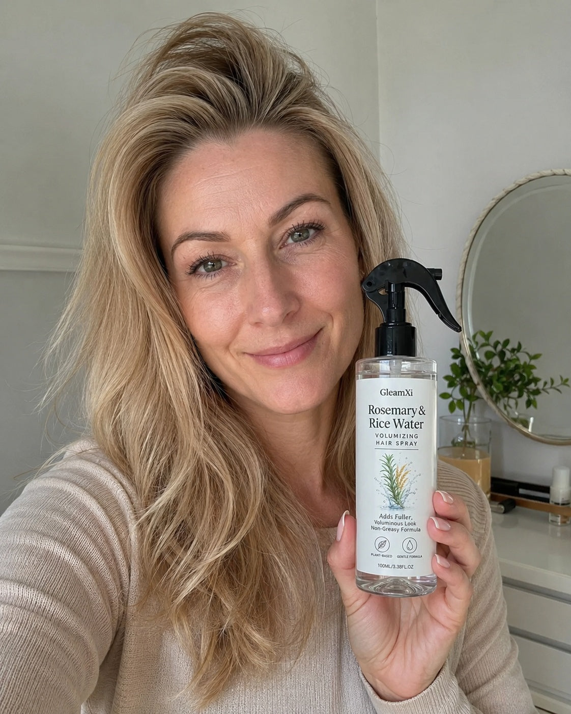 Close-up of smooth, shiny hair after using GleamXi Hair Spray