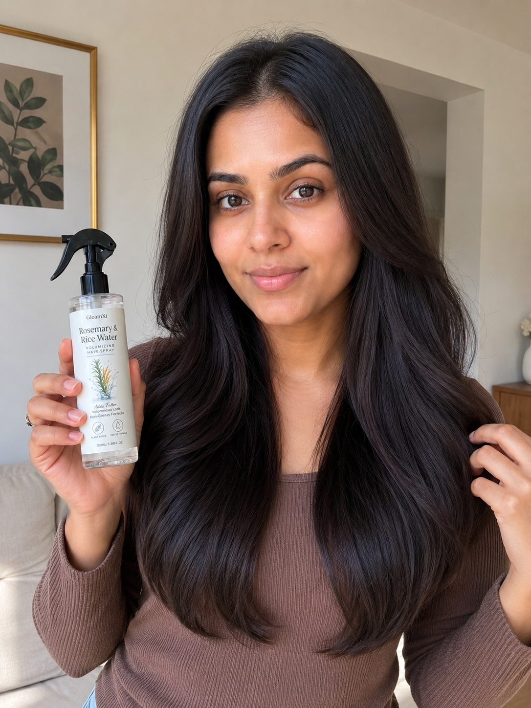 GleamXi customer refreshing hair with the volumizing mist