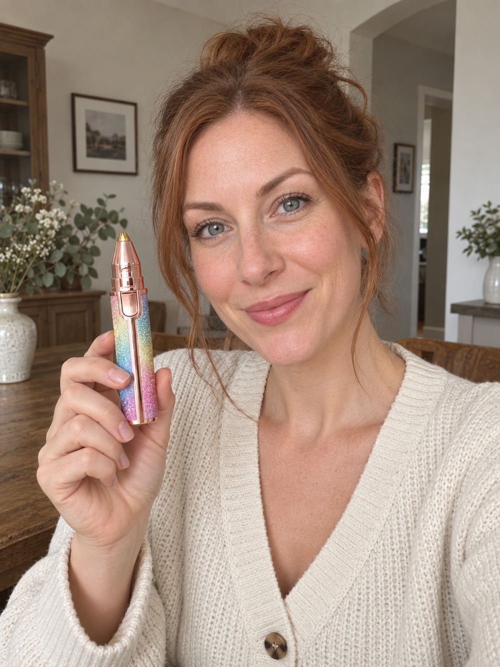 Woman showcasing dual trimmer heads