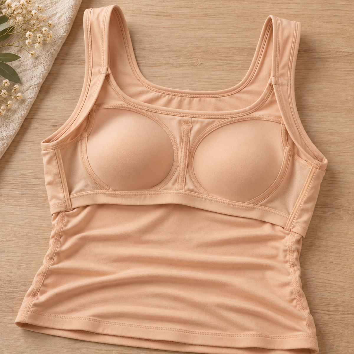 The comfort shaper tank turned inside out showing the soft built-in padding