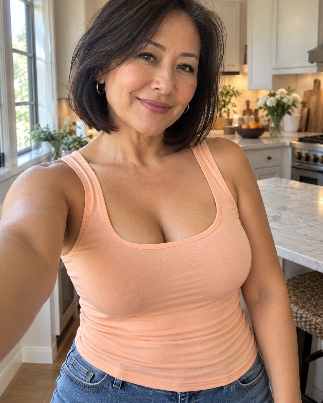 Woman wearing the Built-In Bra Comfort Shaper Tank in Apricot