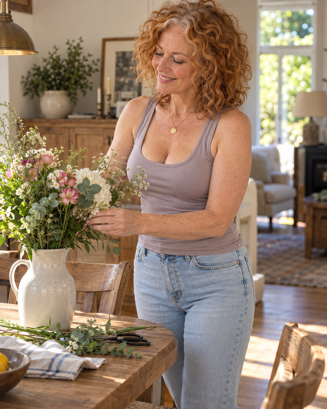 Woman wearing the Built-In Bra Comfort Shaper Tank in Pale Pinkish Gray