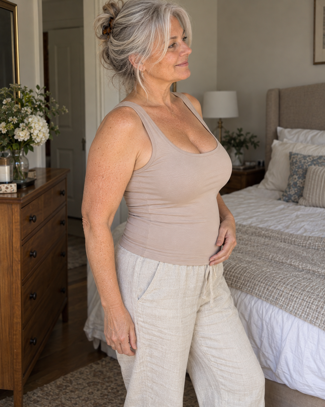 Woman wearing the comfort shaper tank in Skin Tone in her bedroom