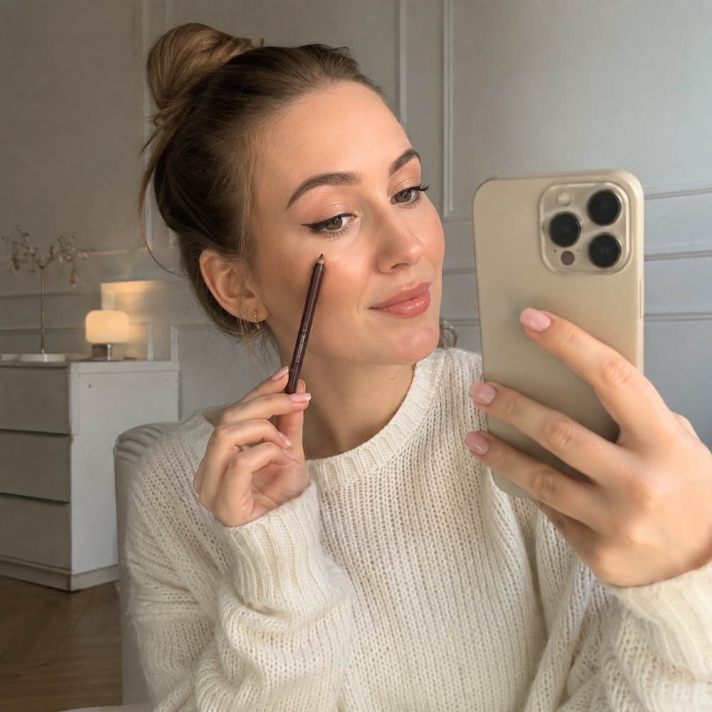 Customer holding the Beauty Kiwi Waterproof Glitter Gel Eyeliner, indoor natural light