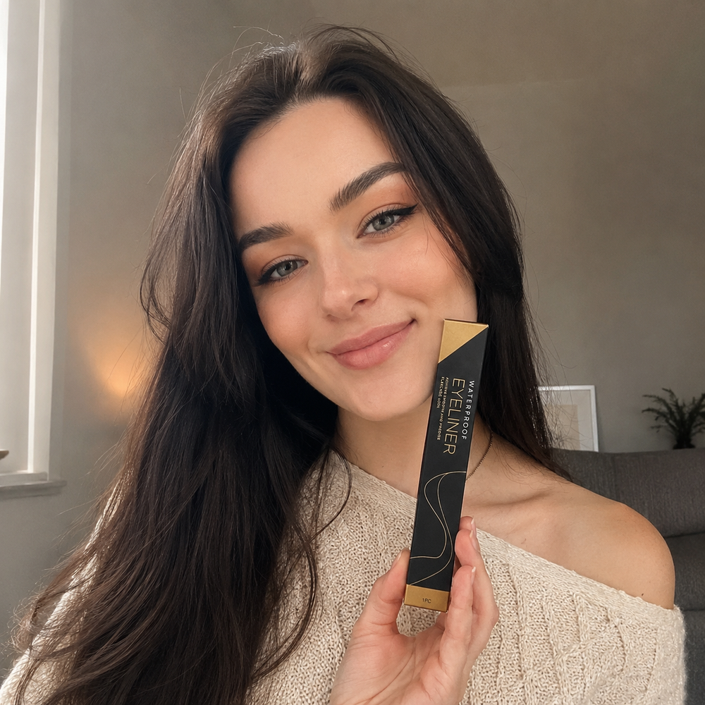 Customer applying the Beauty Kiwi Waterproof Glitter Gel Eyeliner in a kitchen setting, blonde hair