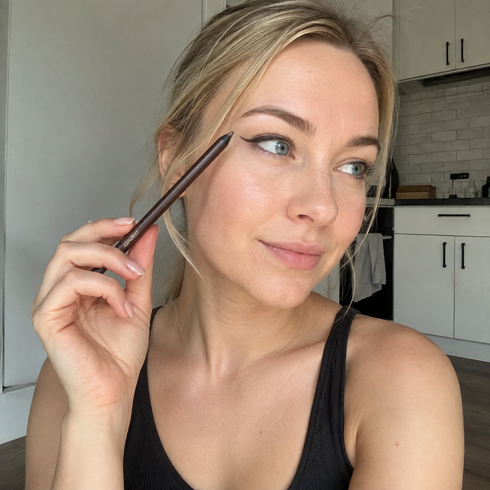 Customer with everyday eyeliner look using the Beauty Kiwi Waterproof Glitter Gel Eyeliner
