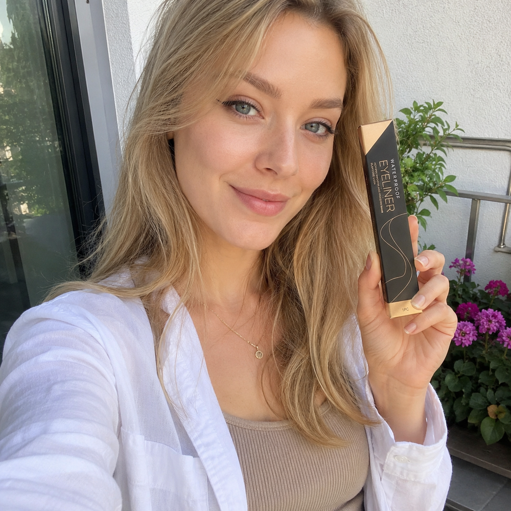 Customer taking a mirror selfie showing a clean winged liner look with the Beauty Kiwi eyeliner