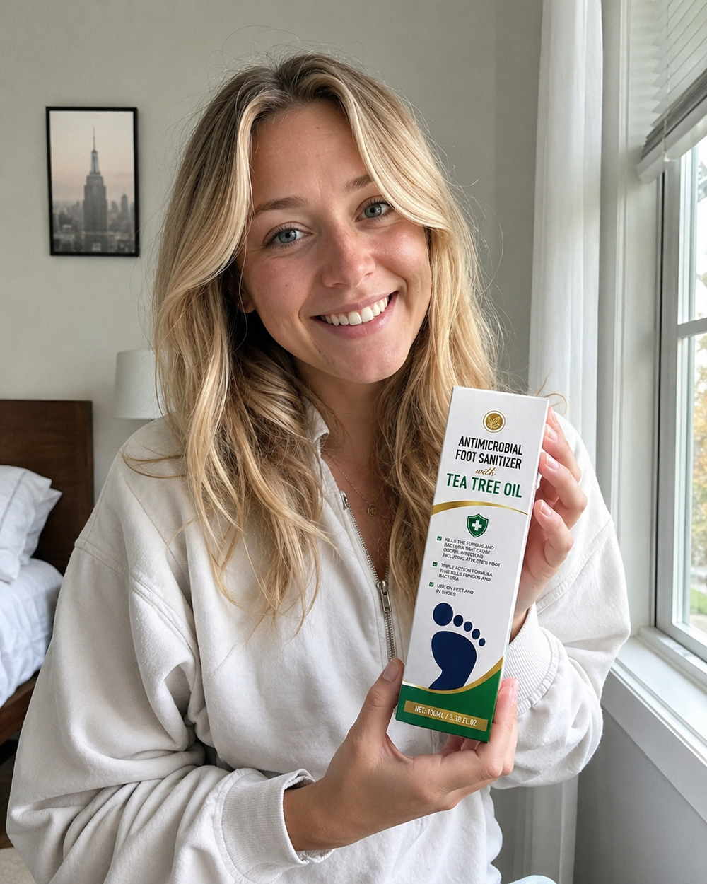 Beauty Kiwi customer applying foot sanitiser between toes