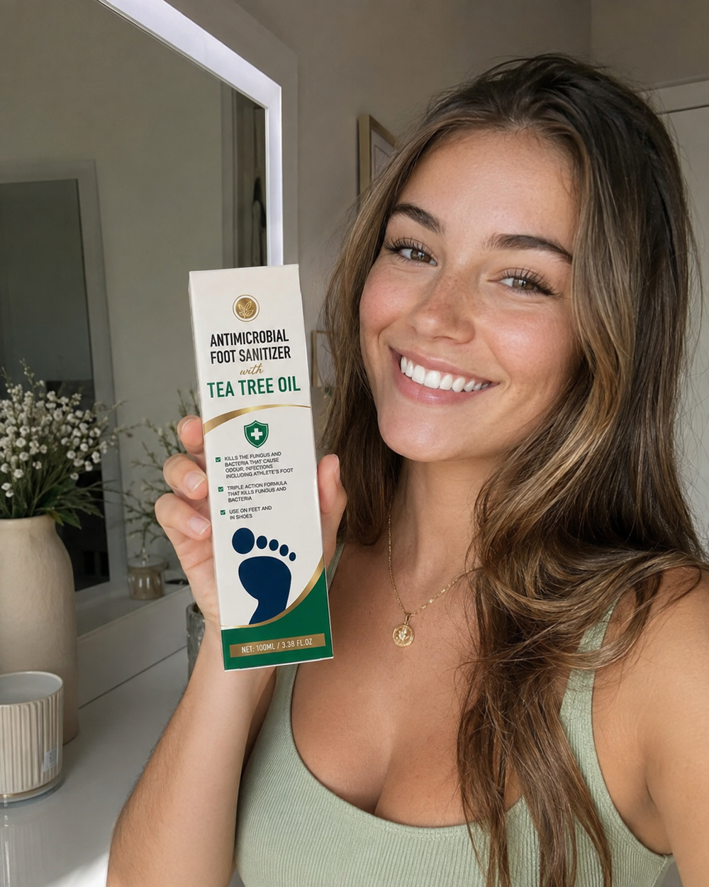 Beauty Kiwi customer caring for feet with tea tree oil sanitiser