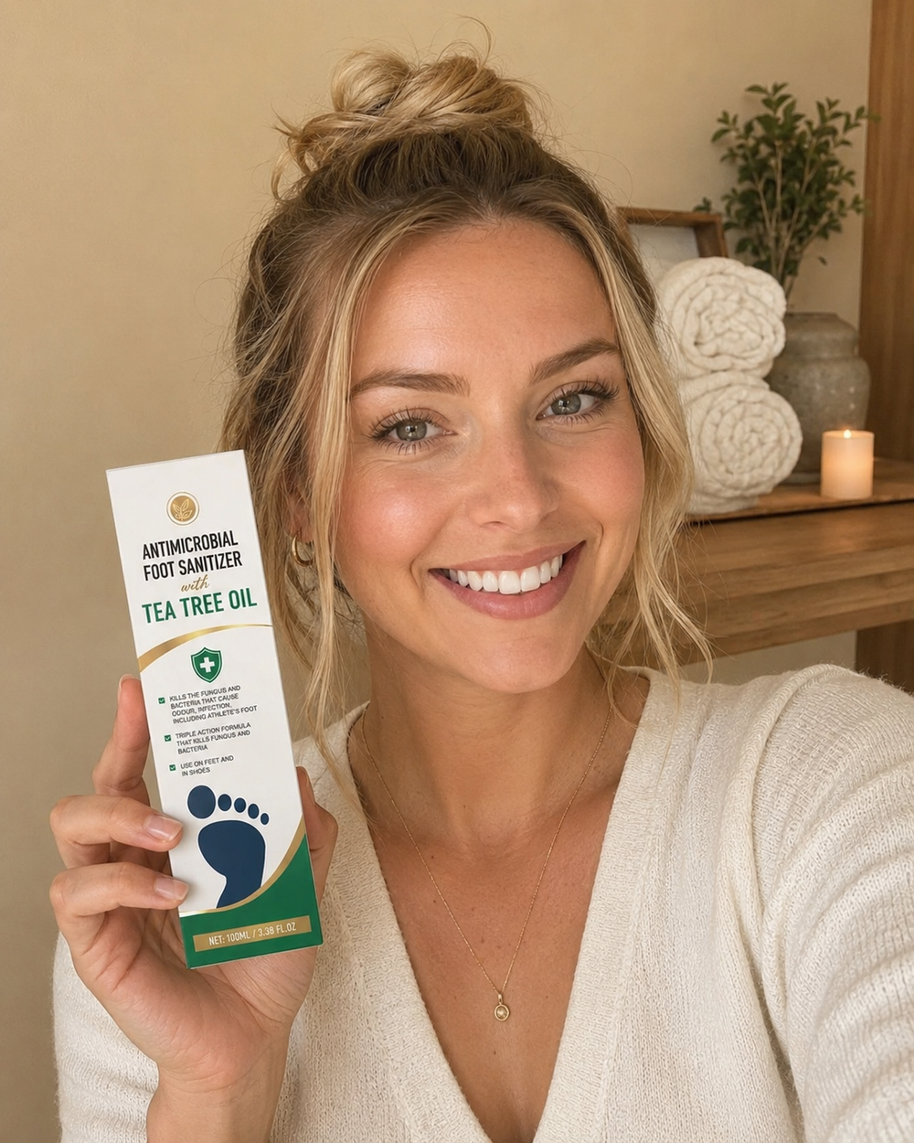 Beauty Kiwi customer applying sanitiser for overnight foot hygiene