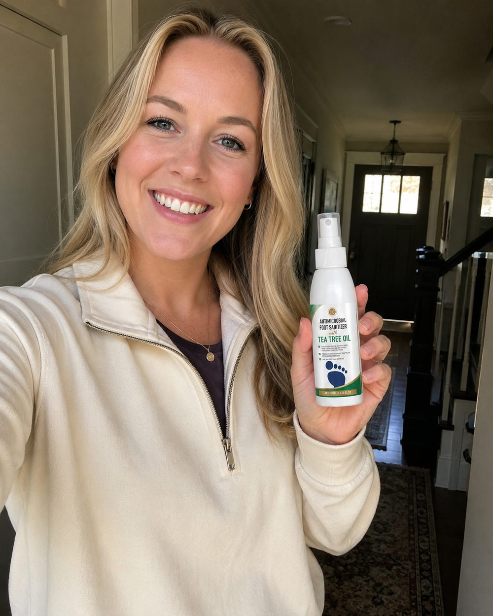 Beauty Kiwi customer maintaining foot hygiene with tea tree sanitiser