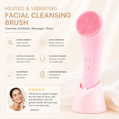 Heated & Vibrating Electric Facial Cleansing Brush with Gentle Exfoliation & Massage