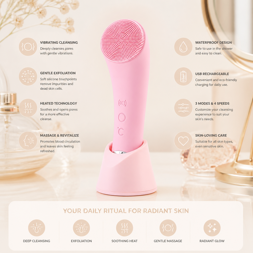 Heated & Vibrating Electric Facial Cleansing Brush with Gentle Exfoliation & Massage